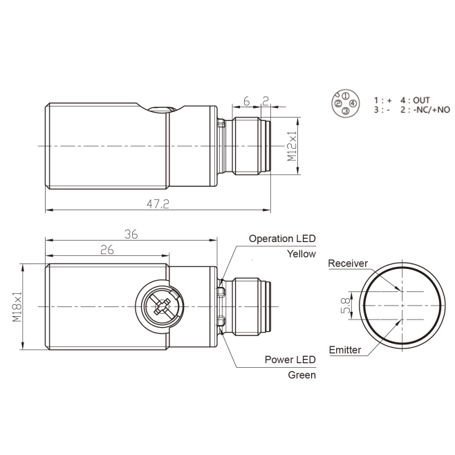 Fotoelektryczny czujnik dyfuzyjny | 400mm | M18 | 10-30VDC | NO/NC | PNP | M12 | obudowa niklowo-miedziana | IP67 1 Fotoelektryczny czujnik dyfuzyjny | 400mm | M18 | 10-30VDC | NO/NC | PNP | M12 | obudowa niklowo-miedziana | IP67 1