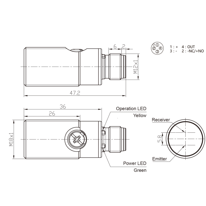 Fotoelektryczny czujnik dyfuzyjny | 400mm | M18 | 10-30VDC | NO/NC | PNP | M12 | obudowa niklowo-miedziana | IP67 1 Fotoelektryczny czujnik dyfuzyjny | 400mm | M18 | 10-30VDC | NO/NC | PNP | M12 | obudowa niklowo-miedziana | IP67 1