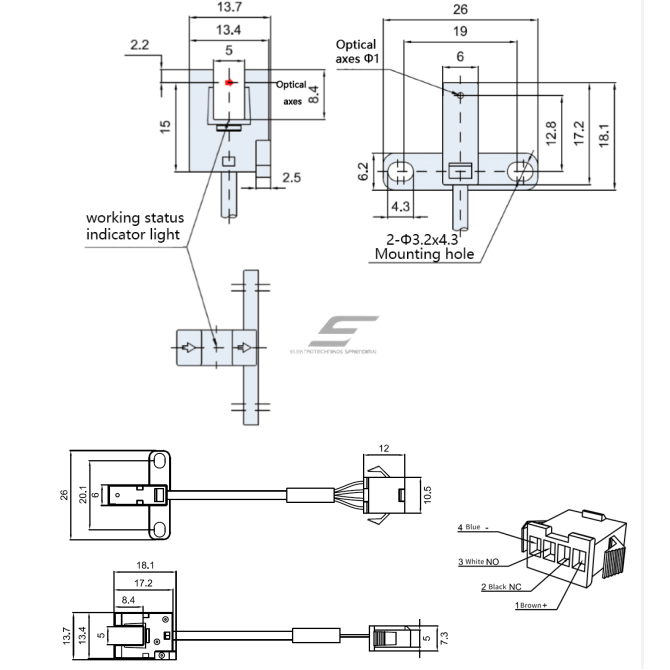 Fotoelektriskais sensors | Pārtraukta staru tipa | U veida | 5mm | 26x18,1x13,7mm | 5–24VDC | NO/NC | NPN | 5cm kabelis + 4 kontaktu savienotājs | PBT | Infrasarkanā LED staru | IP64 3 Fotoelektriskais sensors | Pārtraukta staru tipa | U veida | 5mm | 26x18,1x13,7mm | 5–24VDC | NO/NC | NPN | 5cm kabelis + 4 kontaktu savienotājs | PBT | Infrasarkanā LED staru | IP64 3
