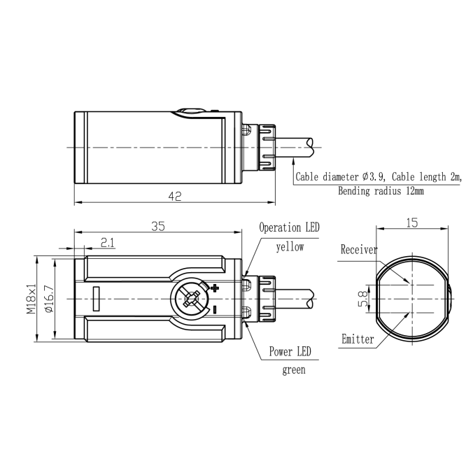 Fotoelektriline difuusandur | 400mm | M18 | 10-30VDC | NO/NC | PNP | 2m kaabel | ABS | IP67 1