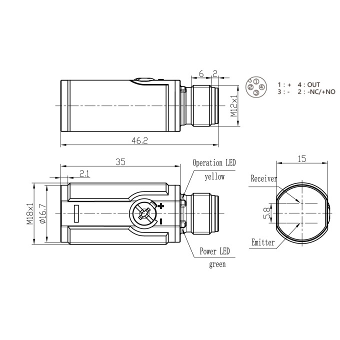 Fotoelektriline difuusandur | 400mm | M18 | 10-30VDC | NO/NC | PNP | M12 | ABS | IP67 1 Fotoelektriline difuusandur | 400mm | M18 | 10-30VDC | NO/NC | PNP | M12 | ABS | IP67 1