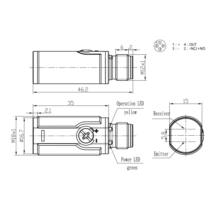 Fotoelektriskais difūzais sensors | 100mm | M18 | 10-30VDC | NO/NC | NPN | M12 | ABS | IP67 1 Fotoelektriskais difūzais sensors | 100mm | M18 | 10-30VDC | NO/NC | NPN | M12 | ABS | IP67 1