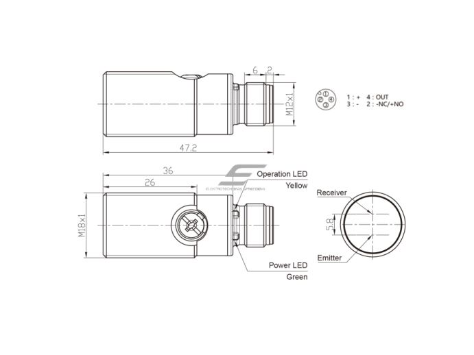 Fotoelektrinis jutiklis | poliarizuotas | 3000mm | M18 | 10-30VDC | NO/NC | PNP | M12 | nikelio-vario korpusas | raudonos šviesos spindulių | IP67 1 Fotoelektrinis jutiklis | poliarizuotas | 3000mm | M18 | 10-30VDC | NO/NC | PNP | M12 | nikelio-vario korpusas | raudonos šviesos spindulių | IP67 1