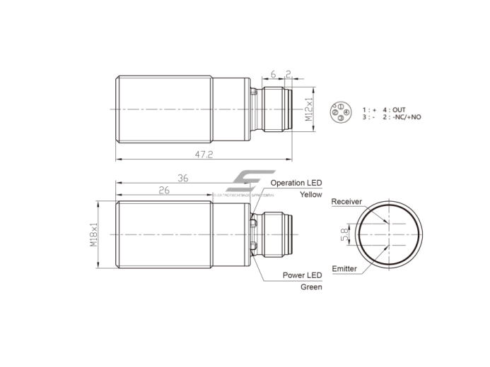 Fotoelektrinis jutiklis su fono slopinimu | 100mm | M18 | 10-30VDC | NO/NC | NPN | M12 | nikelio-vario korpusas | raudonos šviesos spindulių | IP67 1 Fotoelektrinis jutiklis su fono slopinimu | 100mm | M18 | 10-30VDC | NO/NC | NPN | M12 | nikelio-vario korpusas | raudonos šviesos spindulių | IP67 1