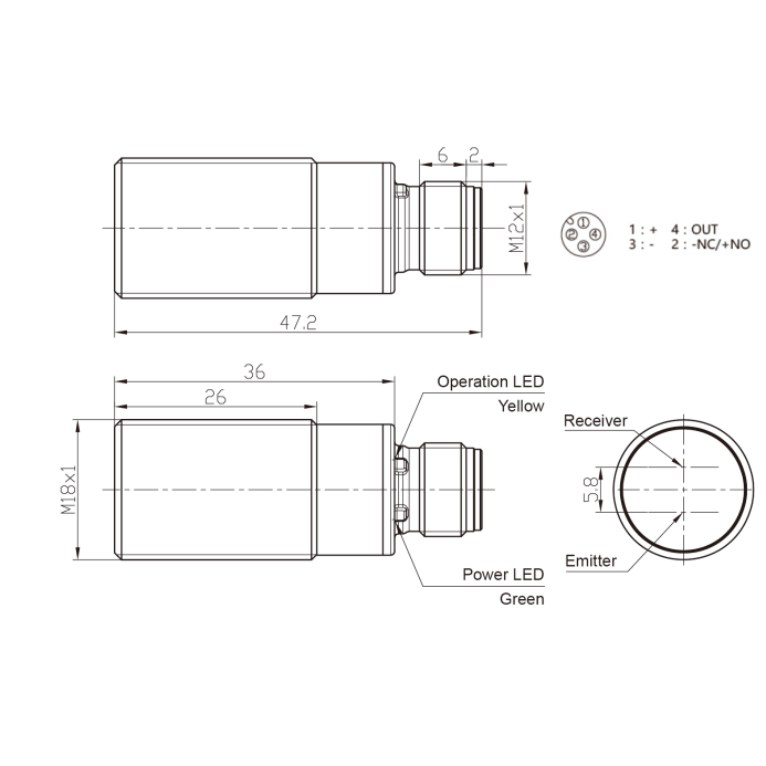 Czujnik fotoelektryczny z tłumieniem tła | 100 mm | M18 | 10-30VDC | NO/NC | NPN | M12 | obudowa niklowo-miedziana | czerwony promień światła | IP67 1 Czujnik fotoelektryczny z tłumieniem tła | 100 mm | M18 | 10-30VDC | NO/NC | NPN | M12 | obudowa niklowo-miedziana | czerwony promień światła | IP67 1