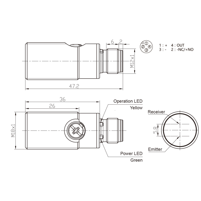 Fotoelektriline difuusandur | 100mm | M18 | 10-30VDC | NO/NC | PNP | M12 | nikli-vase korpus | IP67 1 Fotoelektriline difuusandur | 100mm | M18 | 10-30VDC | NO/NC | PNP | M12 | nikli-vase korpus | IP67 1