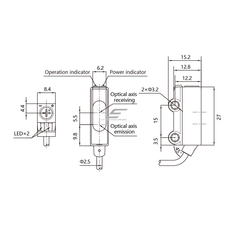 Fotoelektriskais sensors ar fona nomākšanu | 100mm | 27x15,2x8,4mm | 10-30VDC | NO | NPN | 2m kabelis | ABS | sarkanās gaismas stars | IP65 1