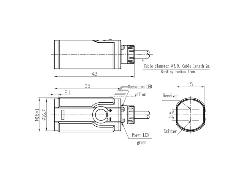 Fotoelektrinis jutiklis su fono slopinimu | 100mm | M18 | 10-30VDC | NO/NC | PNP | 2m kabelis | ABS | raudonos šviesos spindulių | IP67 1
