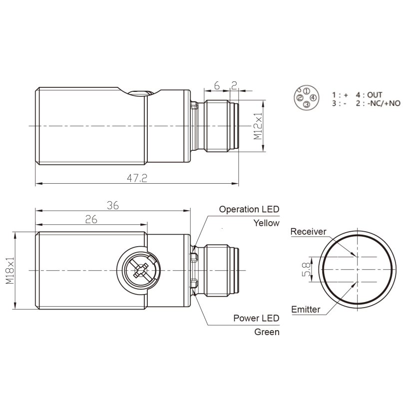 Fotoelektriline difuusandur | 1000mm | M18 | 10-30VDC | NO/NC | PNP | M12 | nikli-vask korpus | infrapuna | IP67 1 Fotoelektriline difuusandur | 1000mm | M18 | 10-30VDC | NO/NC | PNP | M12 | nikli-vask korpus | infrapuna | IP67 1