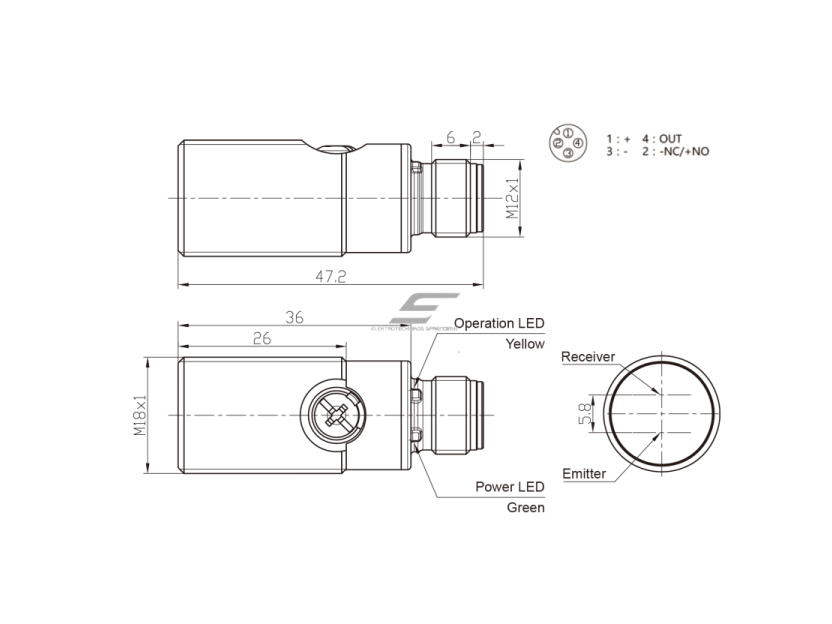 Fotoelektrinis jutiklis | poliarizuotas | skaidrių objektų aptikimui | 2000mm | M18 | 10-30VDC | NO/NC | PNP | M12 | nikelio-vario korpusas | raudonos šviesos spindulių | IP67 1 Fotoelektrinis jutiklis | poliarizuotas | skaidrių objektų aptikimui | 2000mm | M18 | 10-30VDC | NO/NC | PNP | M12 | nikelio-vario korpusas | raudonos šviesos spindulių | IP67 1