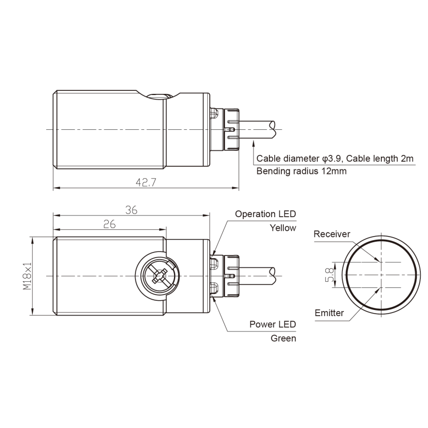 Fotoelektriline difuusandur | 1000mm | M18 | 10-30VDC | NO/NC | NPN | 2m kaabel | nikli-vask korpus | infrapuna | IP67 1 Fotoelektriline difuusandur | 1000mm | M18 | 10-30VDC | NO/NC | NPN | 2m kaabel | nikli-vask korpus | infrapuna | IP67 1