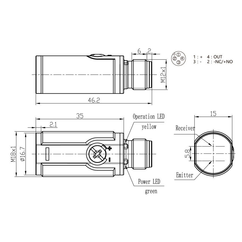Fotoelektriskais difūzais sensors | 1000mm | M18 | 10-30VDC | NO/NC | PNP | M12 | ABS | IP67 1 Fotoelektriskais difūzais sensors | 1000mm | M18 | 10-30VDC | NO/NC | PNP | M12 | ABS | IP67 1