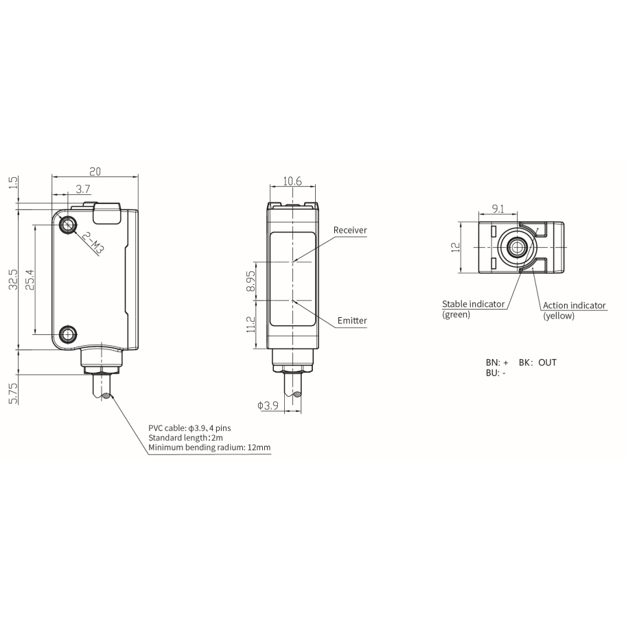 Fotoelektryczny czujnik dyfuzyjny | 1000mm | 32,5x20x12mm | 10-30VDC | NO/NC | PNP | kabel 2m | ABS | podczerwieni | IP67 1