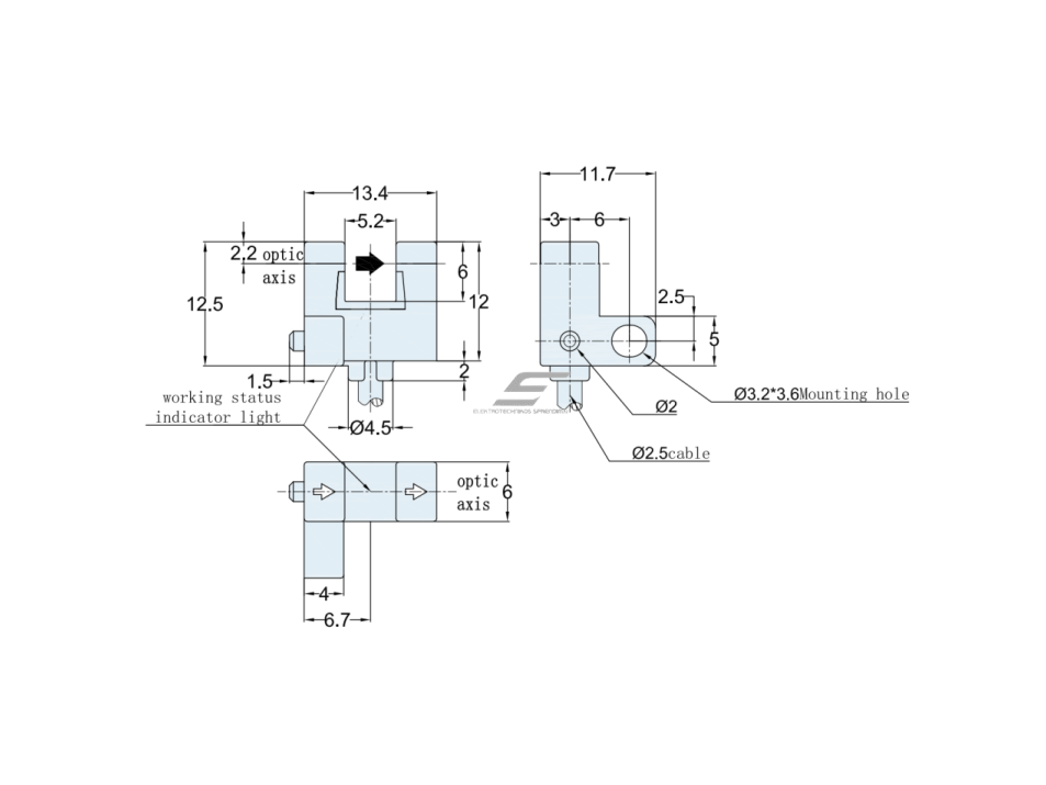 Fotoelektrinis jutiklis | nutraukiamo spindulio | U formos | šakutės tipo | 5mm | 13,4x12,5x11,7mm | 5-24VDC | NO/NC | NPN | 1m kabelis | PP | infraraudonųjų LED spindulių | IP65 2