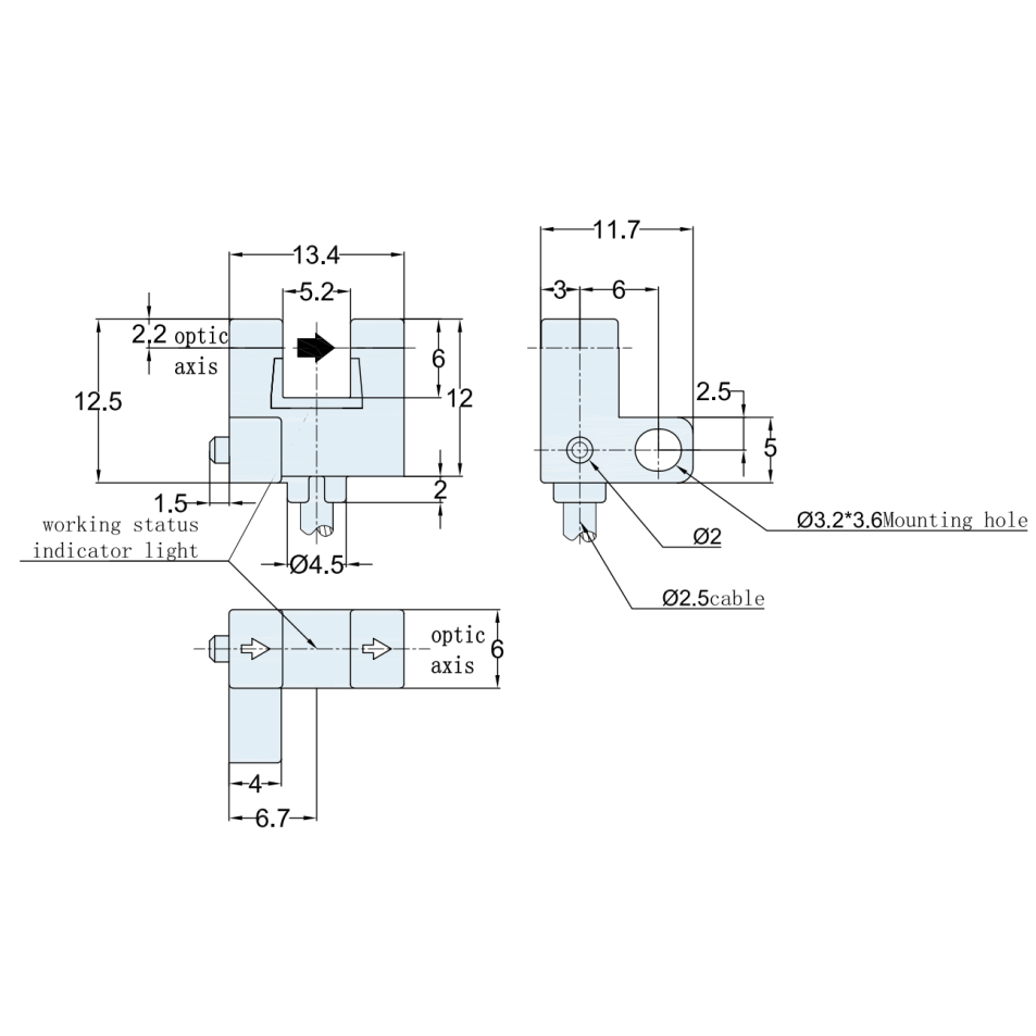 Photoelectric sensor | Through-beam type | U-shaped | 5mm | 13,4x12,5x11,7mm | 5–24VDC | NO/NC | NPN | 1m cable | PP | Infrared LED beam | IP65 2 Photoelectric sensor | Through-beam type | U-shaped | 5mm | 13,4x12,5x11,7mm | 5–24VDC | NO/NC | NPN | 1m cable | PP | Infrared LED beam | IP65 2