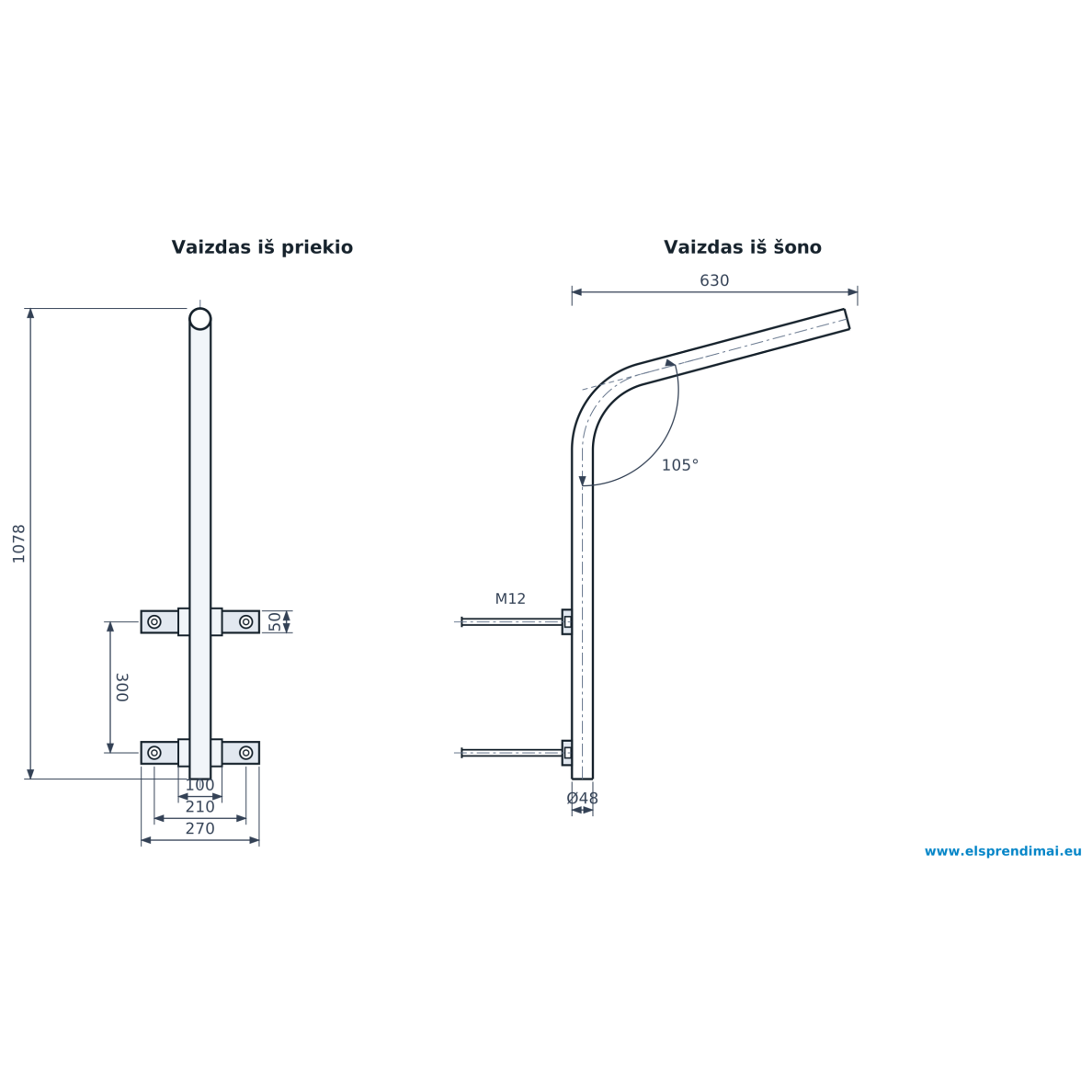 Tänavavalgusti kronstein | kõverdatud konsool Ø48 | väljaulatuvus 630 mm | kõrgus 1078 mm | 15° tõus | M12 klambritega | Esm-GL-SV-1
