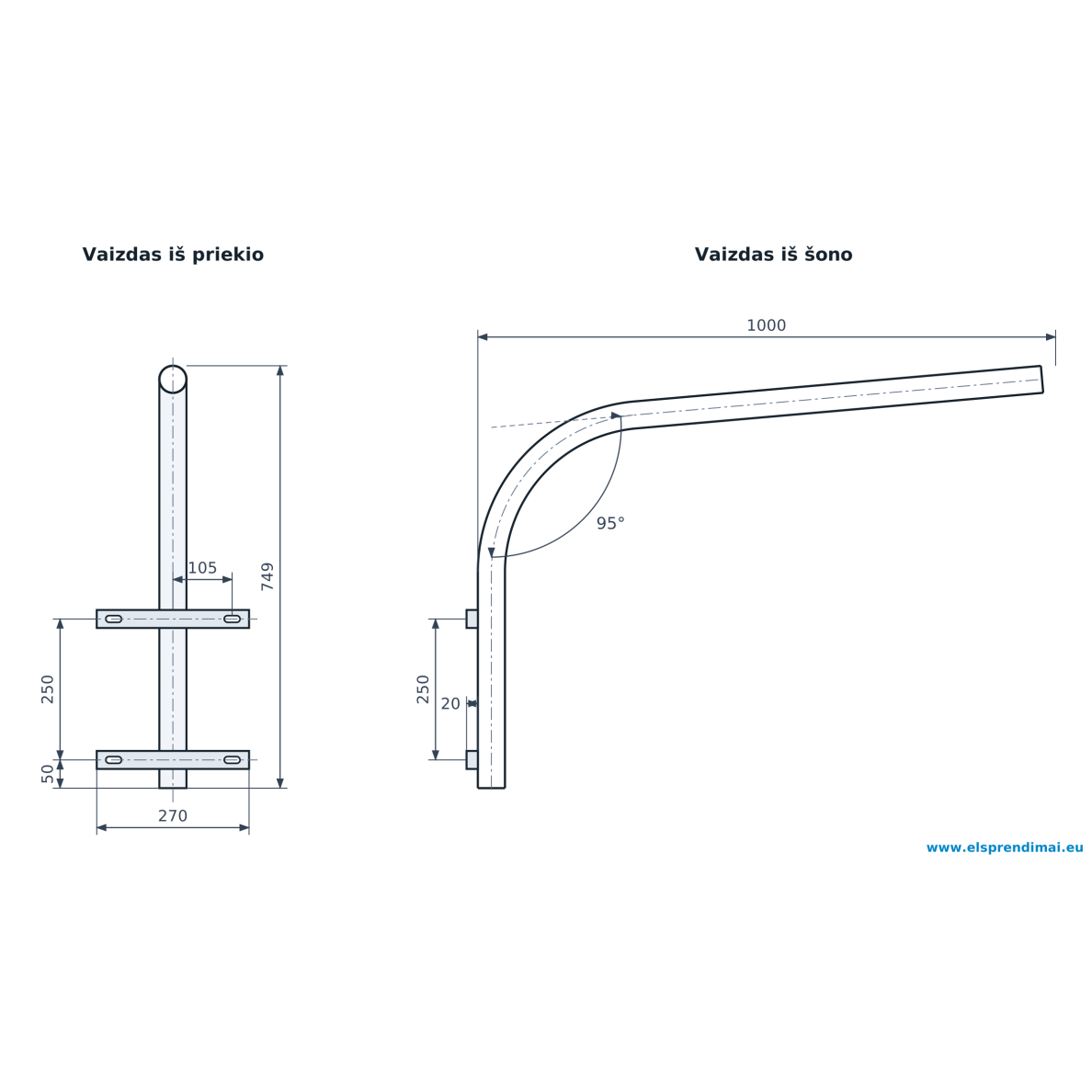 Street light bracket | single-arm | 1000 mm outreach | 749 mm height | 5° upward tilt | Esm-GL-1-0,6/1,0-5-60