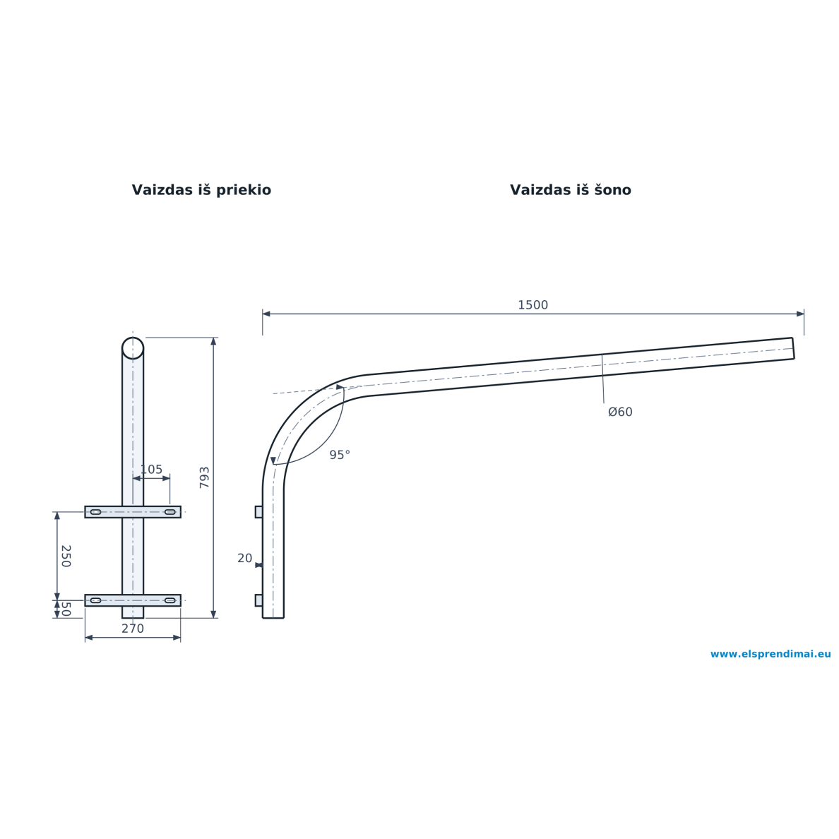 Tänavavalgusti kronstein | ühepoolne | väljaulatuvus 1500 mm | kõrgus 793 mm | 5° tõus | Esm-GL-1-0,6/1,5-5-60