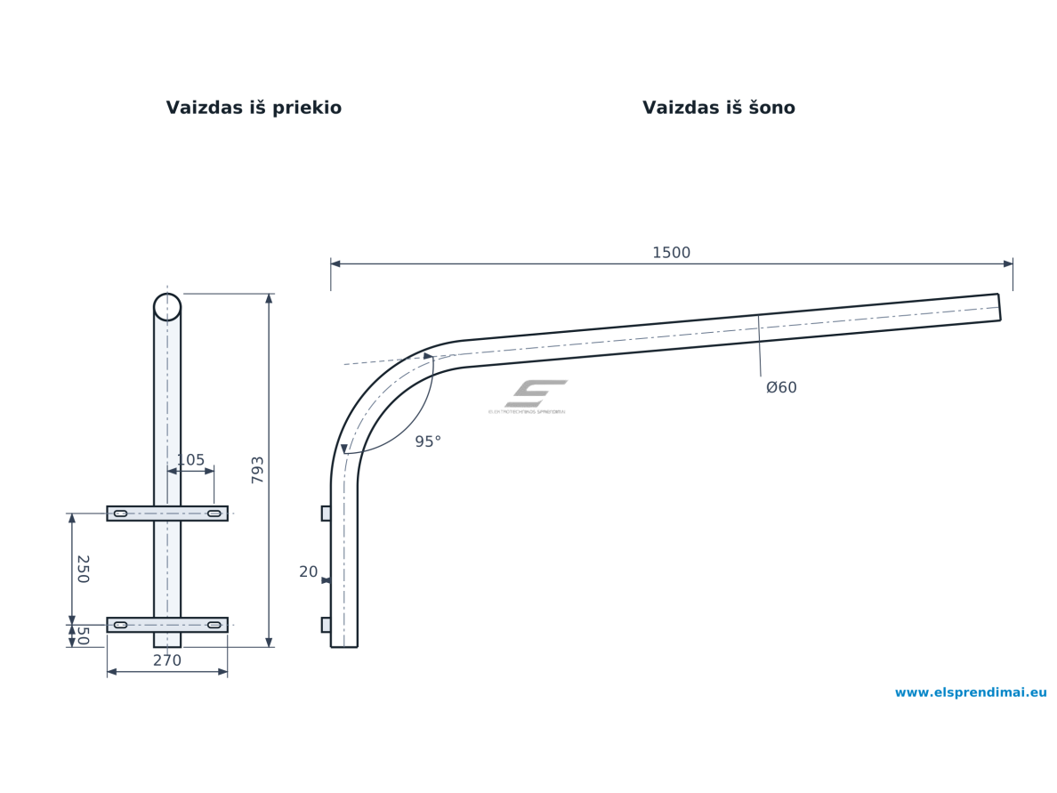Gatvės šviestuvo laikiklis | vienpusis | iškyša 1500 mm | aukštis 793 mm | 5° pakilimas | Esm-GL-1-0,6/1,5-5-60