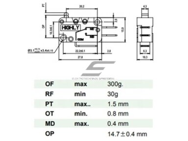 Galinės padėties mikrojungiklis su svirtele | NA+NC | 27.8x10.3x18.8mm | 6.3mm | VT16021C Galinės padėties mikrojungiklis su svirtele | NA+NC | 27.8x10.3x18.8mm | 6.3mm | VT16021C