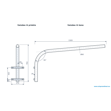 Street light bracket | single-arm | 1500 mm outreach | 793 mm height | 5° upward tilt | Esm-GL-1-0,6/1,5-5-60 Street light bracket | single-arm | 1500 mm outreach | 793 mm height | 5° upward tilt | Esm-GL-1-0,6/1,5-5-60