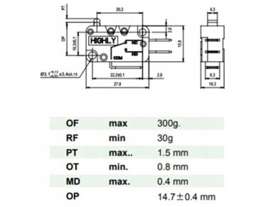 Galinės padėties mikrojungiklis | NA+NC | 16A | 250VAC | 3k. | VT16001C 1