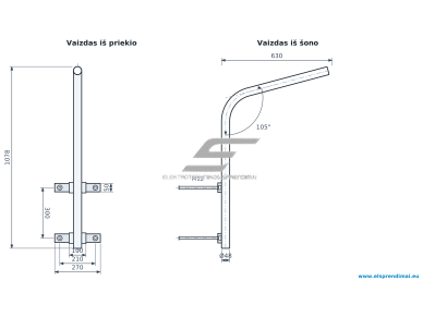 Gatvės šviestuvo laikiklis | lenkta gembė Ø48 | iškyša 630 mm | aukštis 1078 mm | 15° pakilimas | su apkabomis M12 | Esm-GL-SV-1 Gatvės šviestuvo laikiklis | lenkta gembė Ø48 | iškyša 630 mm | aukštis 1078 mm | 15° pakilimas | su apkabomis M12 | Esm-GL-SV-1