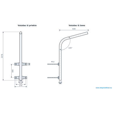 Tänavavalgusti kronstein | kõverdatud konsool Ø48 | väljaulatuvus 630 mm | kõrgus 1078 mm | 15° tõus | M12 klambritega | Esm-GL-SV-1 Tänavavalgusti kronstein | kõverdatud konsool Ø48 | väljaulatuvus 630 mm | kõrgus 1078 mm | 15° tõus | M12 klambritega | Esm-GL-SV-1