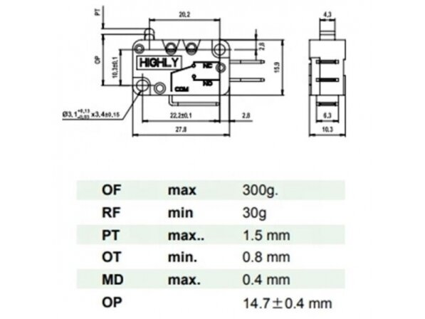 Galinės padėties mikrojungiklis su svirtele | NA+NC | 27.8x10.3x18.8mm | 6.3mm | VT16021C 1 Galinės padėties mikrojungiklis su svirtele | NA+NC | 27.8x10.3x18.8mm | 6.3mm | VT16021C 1