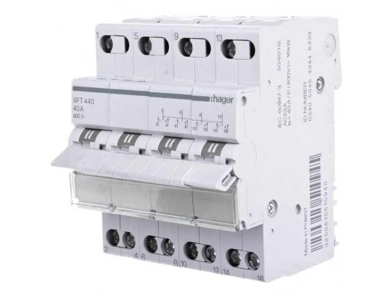 Modulinis galios perjungiklis | kirtiklis elektros generatoriams | 1-0-2 | 4P | 40A | 400V | IP20 | DIN | Hager | SFT440 | 3250615510945 1 Modulinis galios perjungiklis | kirtiklis elektros generatoriams | 1-0-2 | 4P | 40A | 400V | IP20 | DIN | Hager | SFT440 | 3250615510945 1