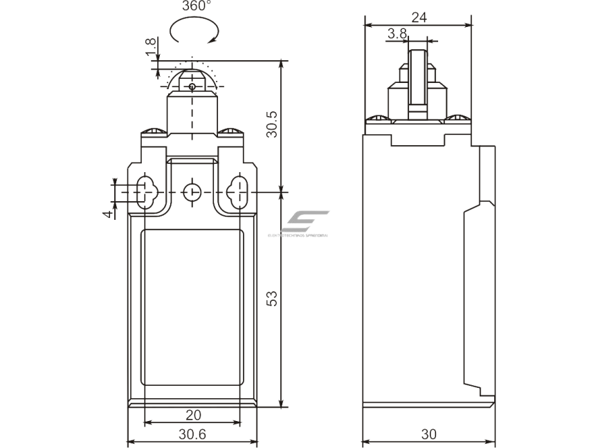 Mechaninis galinės padėties (galinukas) jungiklis su ratuku | 1NO+1NC | IP65 | plastikinis | FLS 15M21Р | Promfactor Baltic | FLS15M21P65 | 4779040159264 1