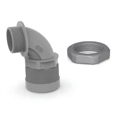 Waterproof angled cable | corrugated conduit entry into electrical distribution board | enclosure | 90° elbow | with nut and gasket | D10mm | Pg09 | IP68 | grey
