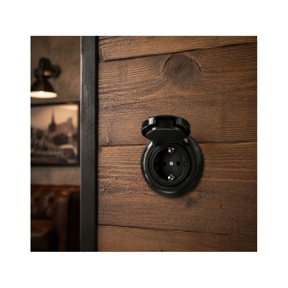 Hermētiska kontaktligzda ar vāciņu | 1 vieta | 16A | 230V | iebūvējama | plastmasas | retro stilā | melna 5 Hermētiska kontaktligzda ar vāciņu | 1 vieta | 16A | 230V | iebūvējama | plastmasas | retro stilā | melna 5