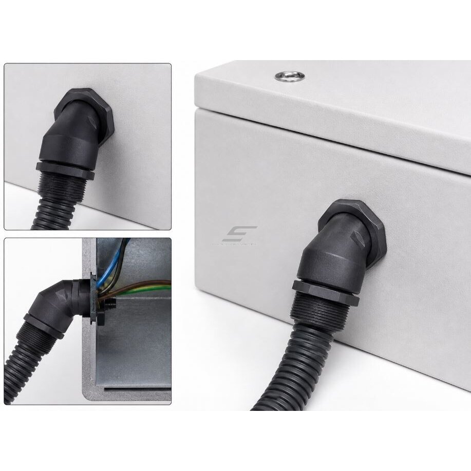 Hermetic angled cable | corrugated conduit entry into electrical distribution box | enclosure | 45° elbow | with nut and gasket | D10mm | G1/2" | IP68 | black 5 Hermetic angled cable | corrugated conduit entry into electrical distribution box | enclosure | 45° elbow | with nut and gasket | D10mm | G1/2" | IP68 | black 5