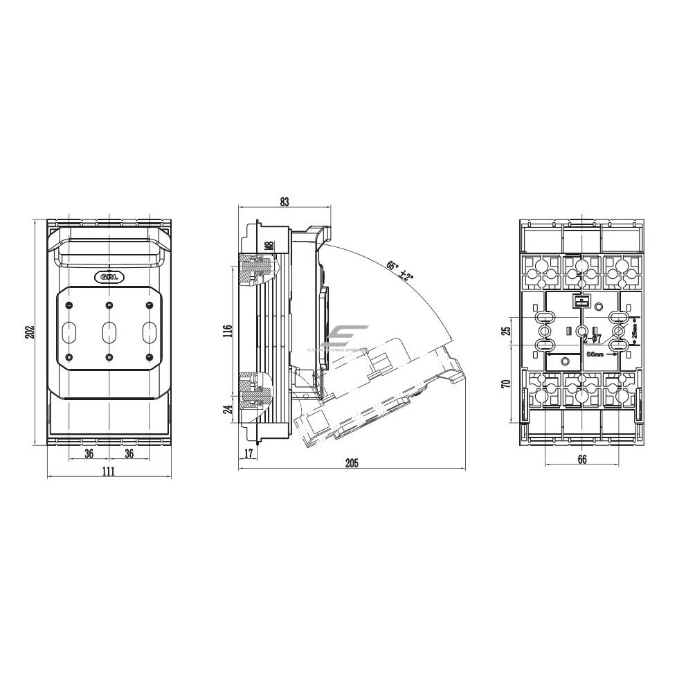 Horizontālais fēzējo slēdža turētājs | 3P | 160A | 690V | NH00 drošinātājiem 4 Horizontālais fēzējo slēdža turētājs | 3P | 160A | 690V | NH00 drošinātājiem 4