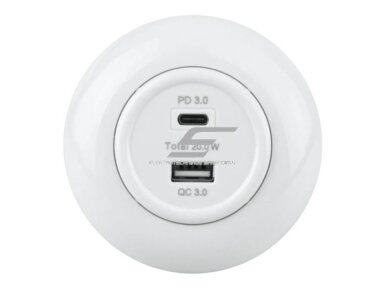 Įkroviklis | USB-A + USB-C | 2 vietų | 12A | 20W | 230V | potinkinis | plastikinis | retro stiliaus | baltas Įkroviklis | USB-A + USB-C | 2 vietų | 12A | 20W | 230V | potinkinis | plastikinis | retro stiliaus | baltas