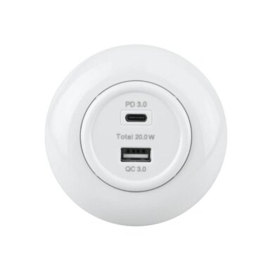 Lādētājs | USB-A + USB-C | 2 pieslēgvietas | 12A | 20W | 230V | zemapmetuma | plastmasas | retro stila | balts Lādētājs | USB-A + USB-C | 2 pieslēgvietas | 12A | 20W | 230V | zemapmetuma | plastmasas | retro stila | balts