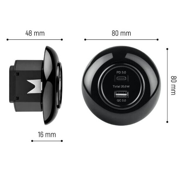 Зарядное устройство | USB-A + USB-C | 2 порта | 12A | 20W | 230V | скрытого монтажа | пластиковое | в стиле ретро | черное 3 Зарядное устройство | USB-A + USB-C | 2 порта | 12A | 20W | 230V | скрытого монтажа | пластиковое | в стиле ретро | черное 3