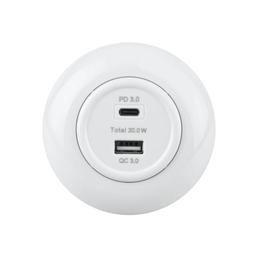 Lādētājs | USB-A + USB-C | 2 pieslēgvietas | 12A | 20W | 230V | zemapmetuma | plastmasas | retro stila | balts Lādētājs | USB-A + USB-C | 2 pieslēgvietas | 12A | 20W | 230V | zemapmetuma | plastmasas | retro stila | balts