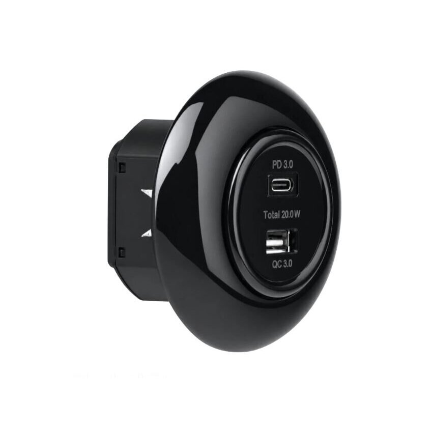 Зарядное устройство | USB-A + USB-C | 2 порта | 12A | 20W | 230V | скрытого монтажа | пластиковое | в стиле ретро | черное 1 Зарядное устройство | USB-A + USB-C | 2 порта | 12A | 20W | 230V | скрытого монтажа | пластиковое | в стиле ретро | черное 1