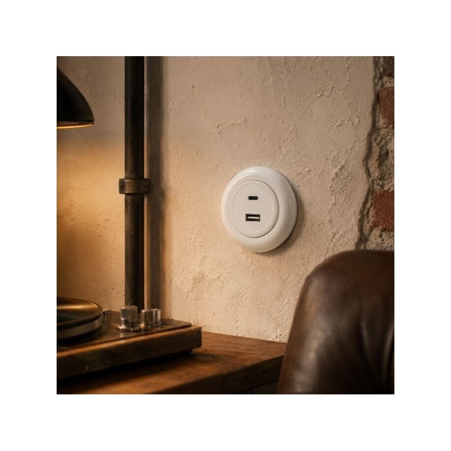 Lādētājs | USB-A + USB-C | 2 pieslēgvietas | 12A | 20W | 230V | zemapmetuma | plastmasas | retro stila | balts 4