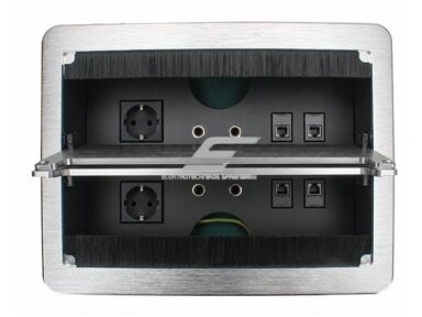 Kištukinių lizdų blokas | montuojamas į baldus | su dangteliu | 2xSchuko | 4xAudio | 4xRJ45 | 285x220x119mm | 1,5m kabelis | IP21 | sidabrinis Kištukinių lizdų blokas | montuojamas į baldus | su dangteliu | 2xSchuko | 4xAudio | 4xRJ45 | 285x220x119mm | 1,5m kabelis | IP21 | sidabrinis