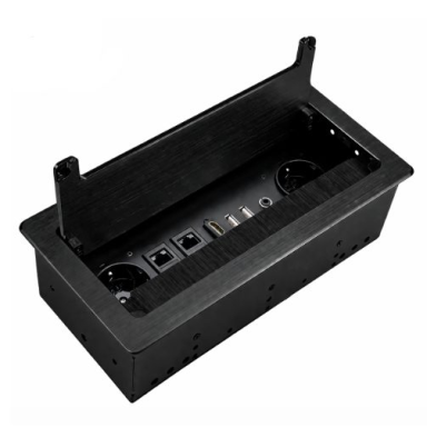 Iebūvējams galda virsmas kontaktligzdu bloks | ar vāku | USB + 2 ligzdas | IP20 | alumīnija korpuss | 266x130x77 mm | melns Iebūvējams galda virsmas kontaktligzdu bloks | ar vāku | USB + 2 ligzdas | IP20 | alumīnija korpuss | 266x130x77 mm | melns