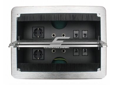 Kištukinių lizdų blokas | montuojamas į baldus | su dangteliu | 2xSchuko | 4xAudio | 4xRJ45 | 285x220x119mm | 1,5m kabelis | IP21 | sidabrinis Kištukinių lizdų blokas | montuojamas į baldus | su dangteliu | 2xSchuko | 4xAudio | 4xRJ45 | 285x220x119mm | 1,5m kabelis | IP21 | sidabrinis