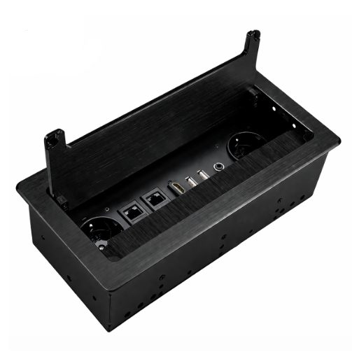 Wpuszczany blok gniazd do blatu | z pokrywą | USB + 2 gniazda | IP20 | obudowa aluminiowa | 266x130x77 mm | czarny Wpuszczany blok gniazd do blatu | z pokrywą | USB + 2 gniazda | IP20 | obudowa aluminiowa | 266x130x77 mm | czarny