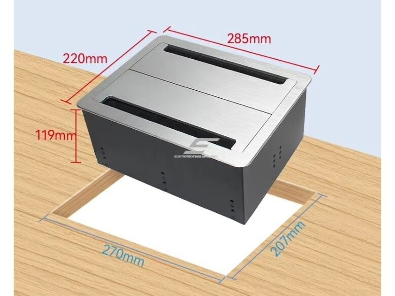 Kištukinių lizdų blokas | montuojamas į baldus | su dangteliu | 2xSchuko | 4xAudio | 4xRJ45 | 285x220x119mm | 1,5m kabelis | IP21 | sidabrinis 3