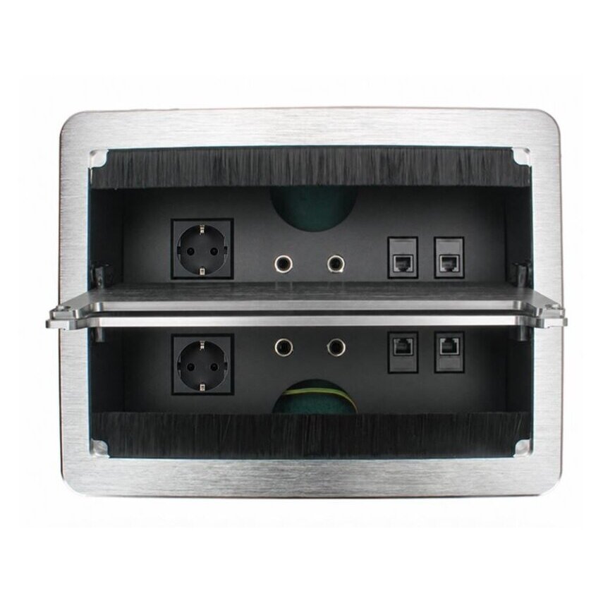 Kontaktligzdu bloks | montējams mēbelēs | ar vāku | 2xSchuko | 4xAudio | 4xRJ45 | 285x220x119mm | 1,5m kabelis | IP21 | sudraba krāsā Kontaktligzdu bloks | montējams mēbelēs | ar vāku | 2xSchuko | 4xAudio | 4xRJ45 | 285x220x119mm | 1,5m kabelis | IP21 | sudraba krāsā