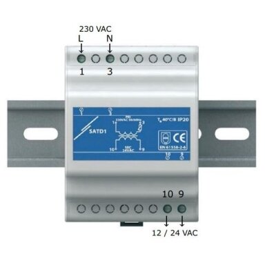 Izolējošais drošības transformators | 230VAC/24VAC | 25VA | DIN sliedei | IP30 | Sentera Controls | SATD1-24-25