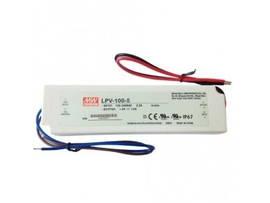 Impulsinis maitinimo šaltinis LED juostai | 60W | 5VDC | 12A | 190x52x37mm | IP67 | Mean Well | LPV-100-5 | 1014072950001 Impulsinis maitinimo šaltinis LED juostai | 60W | 5VDC | 12A | 190x52x37mm | IP67 | Mean Well | LPV-100-5 | 1014072950001