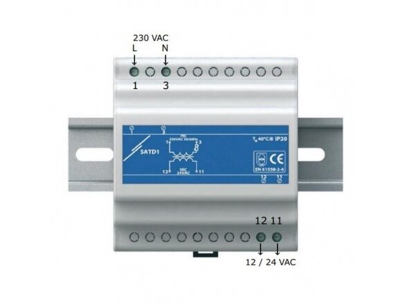 Izoliacinis saugos transformatorius | 230VAC/12VAC | 63VA | DIN bėgelis | IP30 | Sentera Controls | SATD1-12-63 1